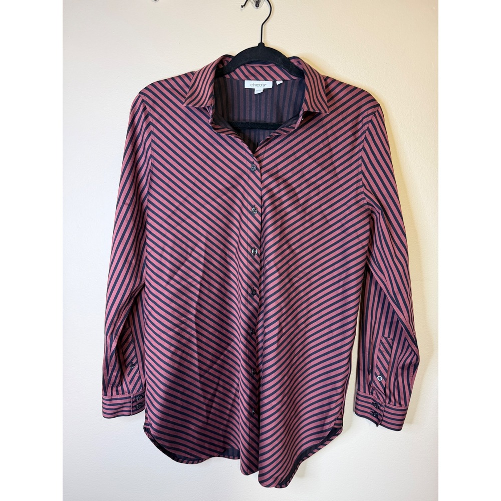 Chicos Womens Size 0.5 Small Burgundy Navy Striped Button Down Shirt Long Sleeve